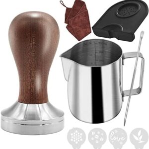 IGUGI Prensador de café, 51 mm, Tamper de café com acessórios: Tapete, jarro de leite (350 ml), toalha de barista para cafeteira expresso porta-filtros